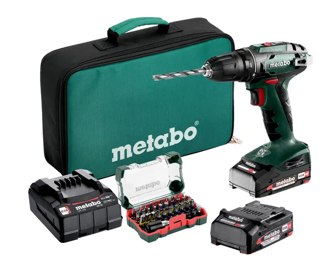 metabo-bs-18-akku-bohrschrauber-set-18-v-2-akkus-2-0-ah-ladeger-t-32-teilige-bit image 1