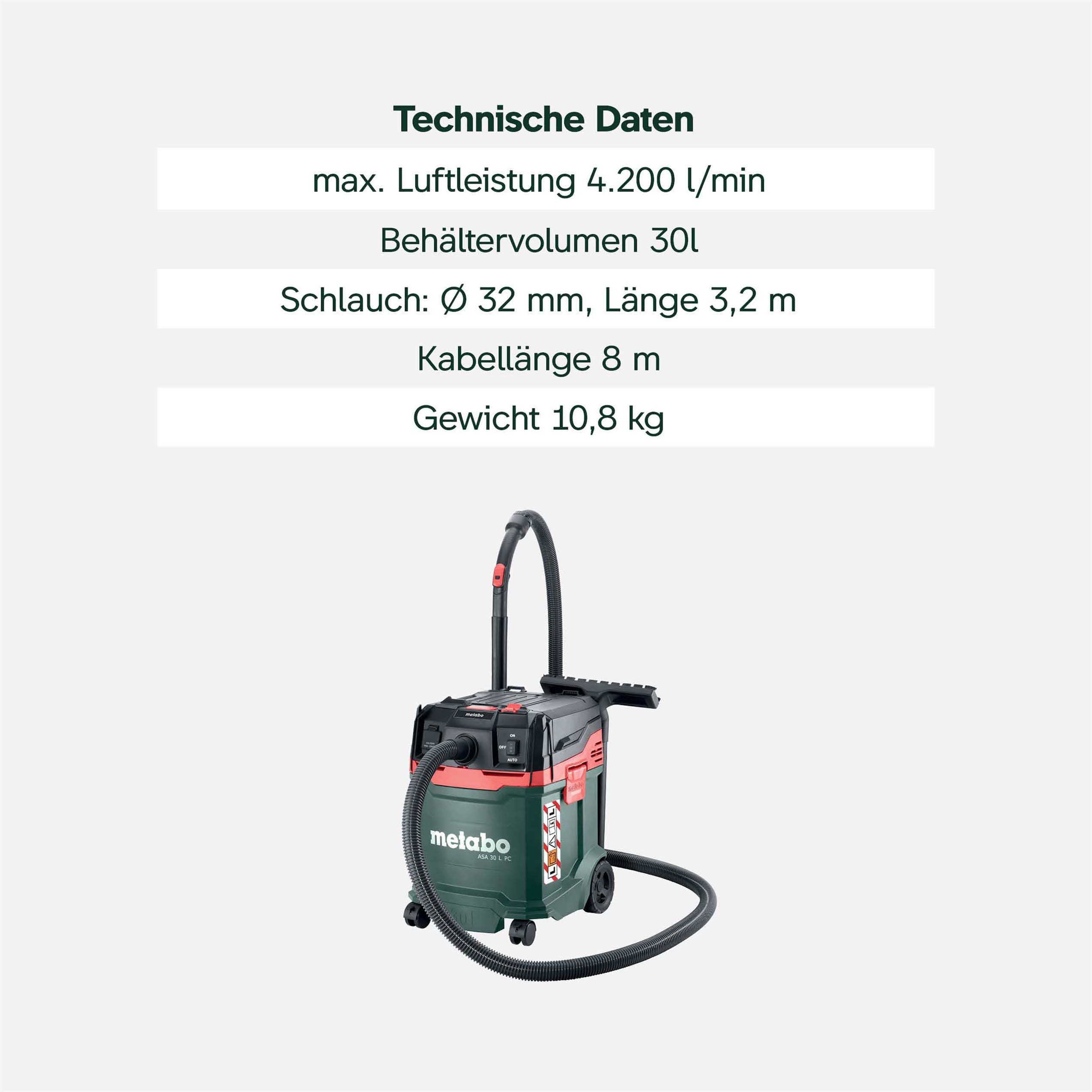 metabo-asa-30-l-pc-allessauger-nass-trockensauger-staubklasse-l-1200-w-pressclea image 3