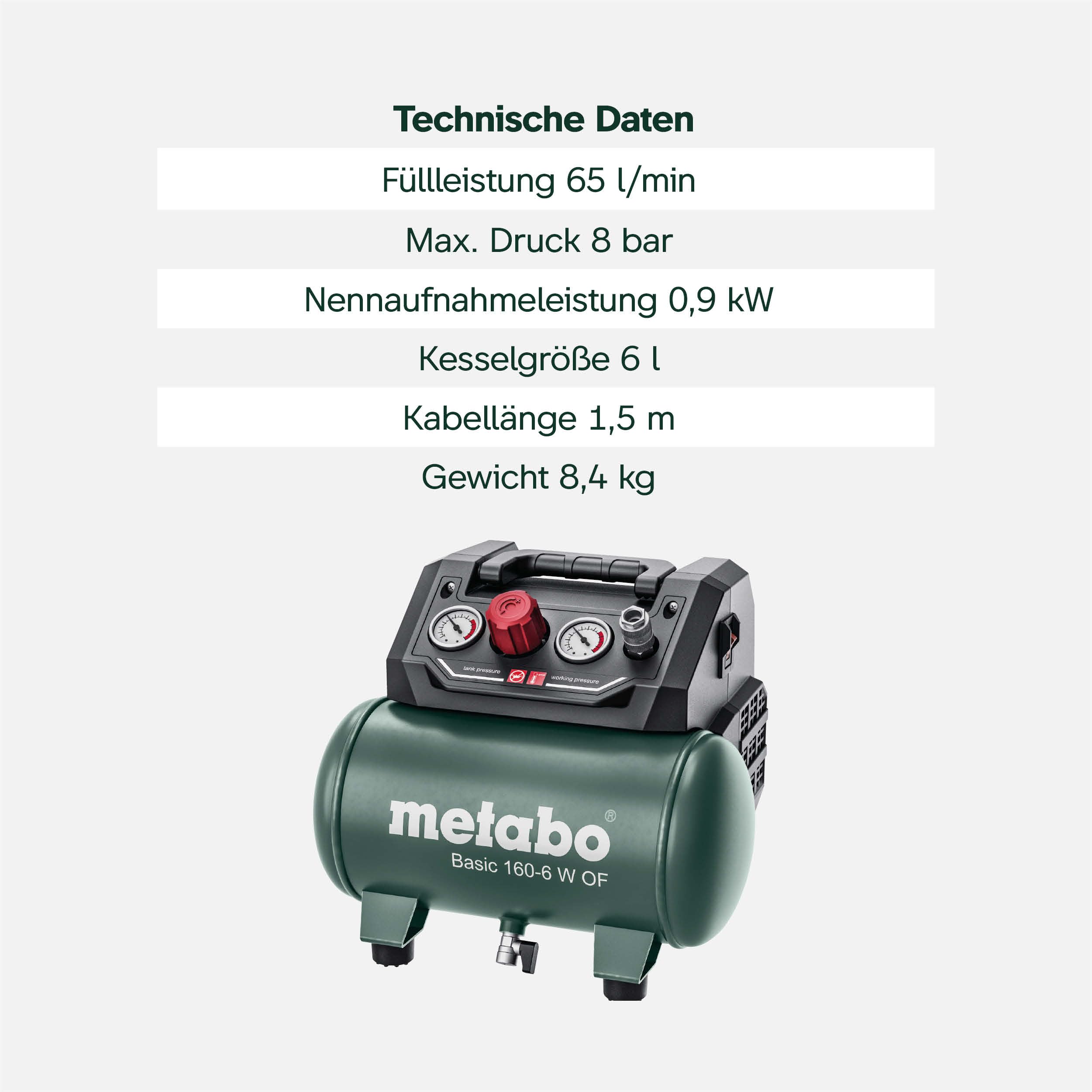 metabo-kompressor-basic-160-6-w-of-6-l-lfreier-druckluftkompressor-8-bar-klappba image 4