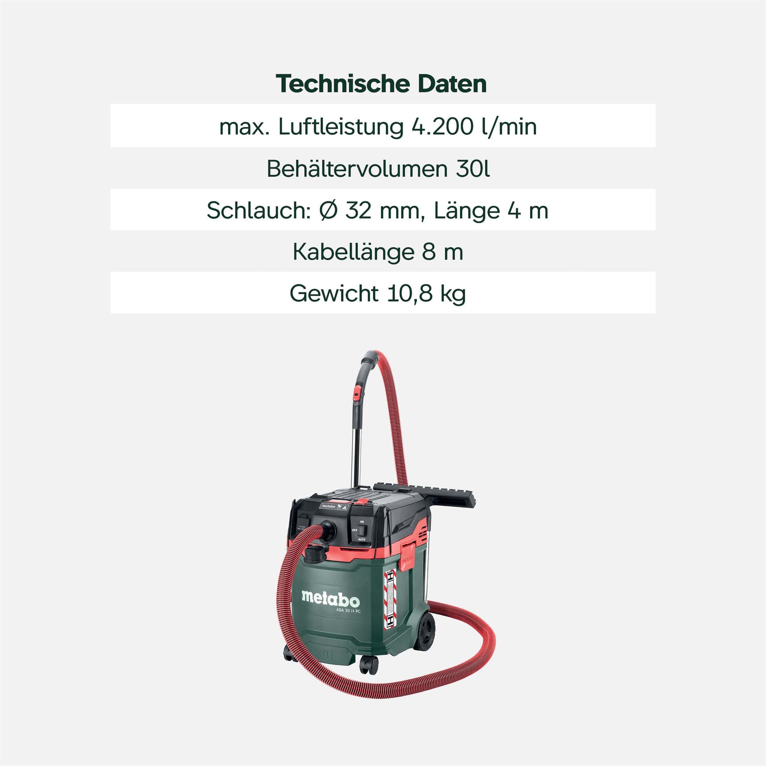 metabo-asa-30-h-pc-allessauger-nass-trockensauger-staubklasse-h-1200-w-30-l-beh- image 3