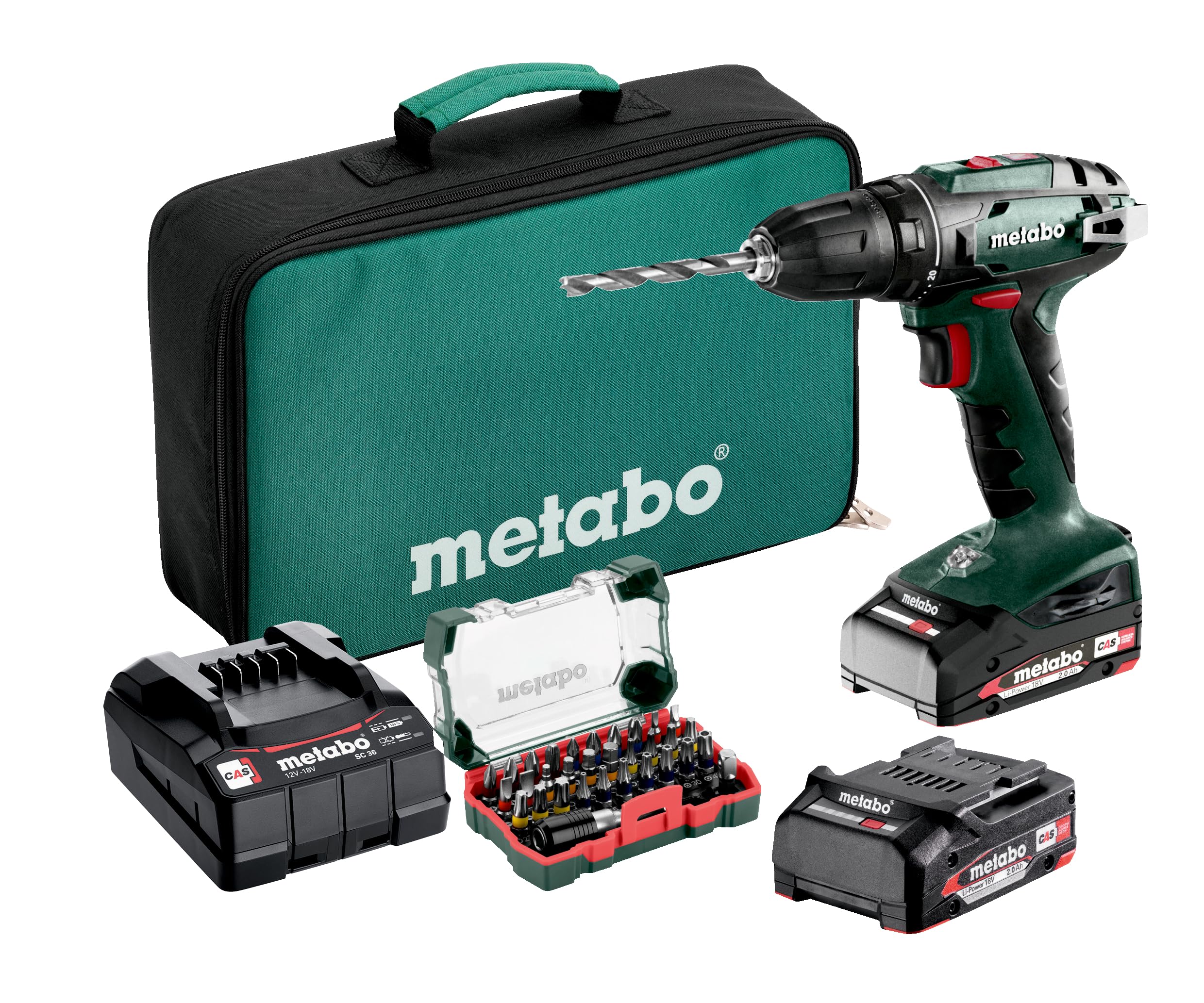 metabo-bs-18-akku-bohrschrauber-set-18-v-2-akkus-2-0-ah-ladeger-t-32-teilige-bit image 1